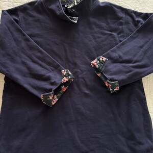 Navy Fleece Long Sleeve Pullover with Floral Print Trim Collar and Cuffs